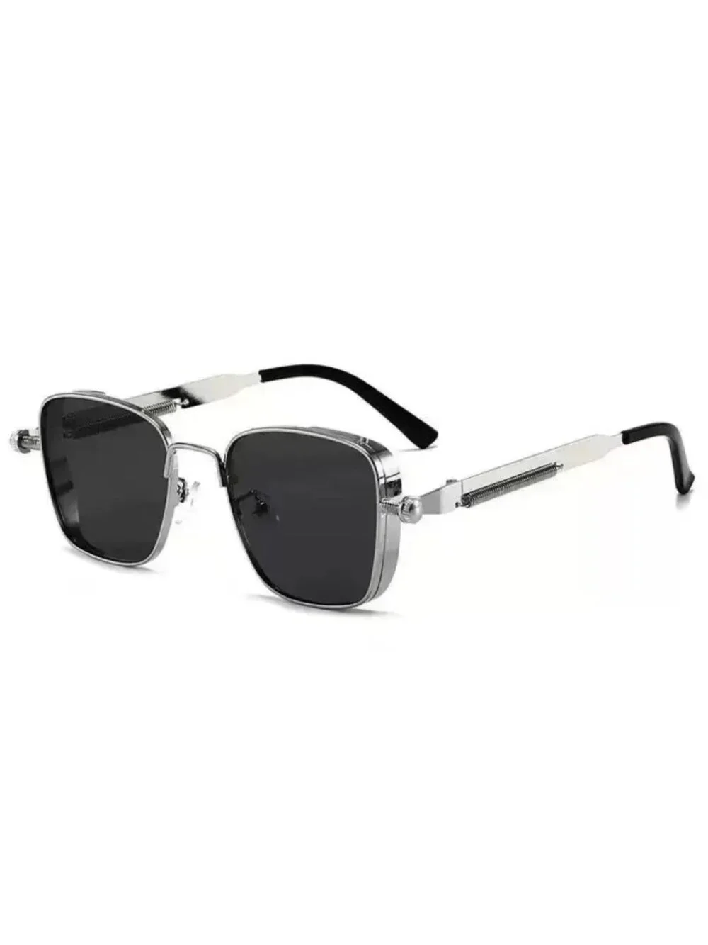 Retro Unisex Square Silver Metal Frame Sunglasses With Black Lenses Spring Hinge